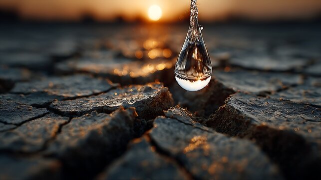 Single clear water drop suspended above cracked earth at sunrise, powerful environmental scarcity metaphor concept