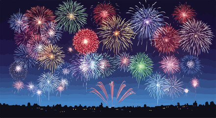 A vibrant nighttime sky filled with numerous colorful fireworks © Kuli