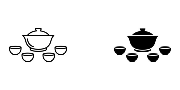 Chinese tea set icon line and glyph solid style. Traditional asian tea ceremony with gaiwan and small cups vector illustration. Outline and filled style sign for web and mobile.