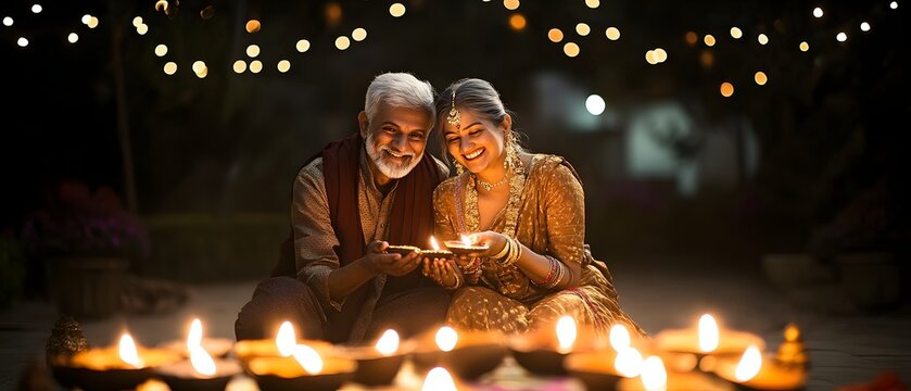 Senior couple celebrating Diwali festival.