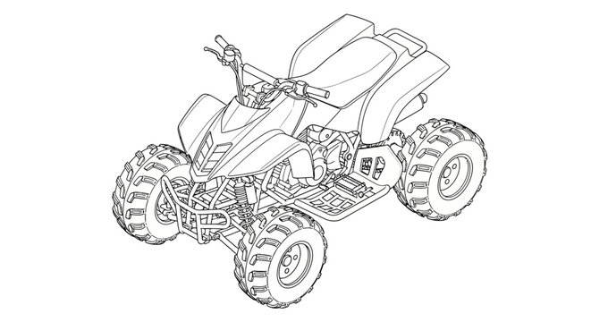 Black and white line drawing of a four-wheeled all-terrain vehicle (ATV) with large knobby tires and a detailed chassis.