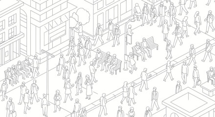 Obraz premium An isometric line drawing depicts a bustling city street scene filled with numerous people engaged in various activities, with buildings lining the thoroughfare.