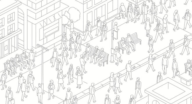 An isometric line drawing depicts a bustling city street scene filled with numerous people engaged in various activities, with buildings lining the thoroughfare.