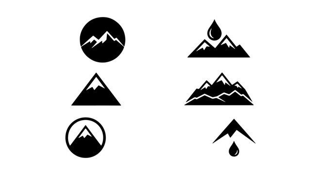 Minimalist Mountain Peak and Water Drop Silhouette Icon Set