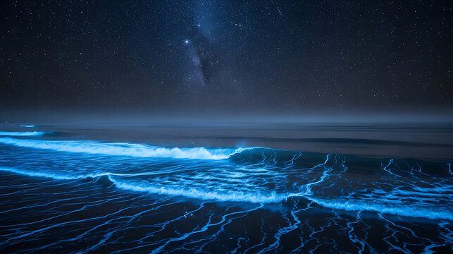 Bioluminescent waves under a starry night sky with bioluminescence, phosphoresce