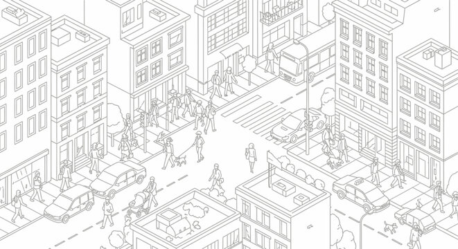 Isometric line art illustration of a bustling city street scene with pedestrians, cars, and buildings.