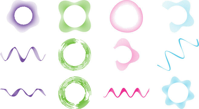 Abstract watercolor brush strokes and wavy line vector set, 12 colorful organic circle frames and fluid wave elements in pastel purple green pink and blue. Soft artistic paint splatter textures