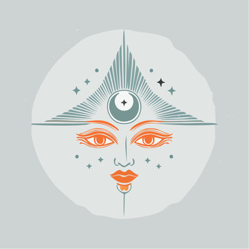 Mystical Third Eye Sun Face with Moon and Stars