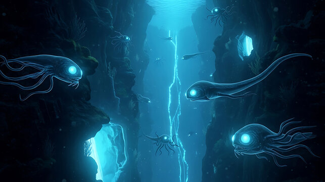 Surreal deep sea creatures with glowing eyes swimming in dark abyss, digital