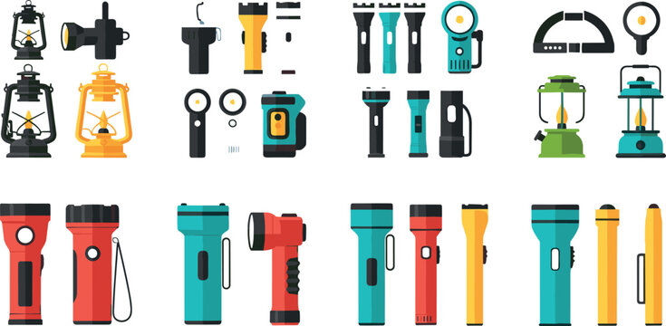 Flashlight and Lantern Vector Set with Camping Lights, Emergency Torches, and Portable Lighting Equipment for Outdoor Adventure, Survival Gear, and Utility Design