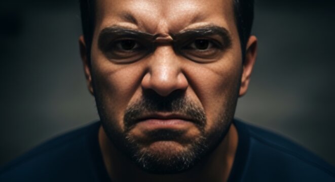 Close-up portrait of an angry man with furrowed brow and intense gaze