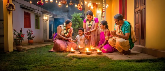 Fototapeta premium Indian family, Diwali lamps.