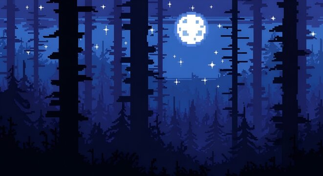 Pixel Art Forest Night Sky Moon Stars Blue