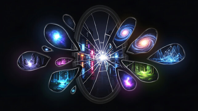 Broken mirror reflecting galaxies and nebulae in a surreal digital art piece