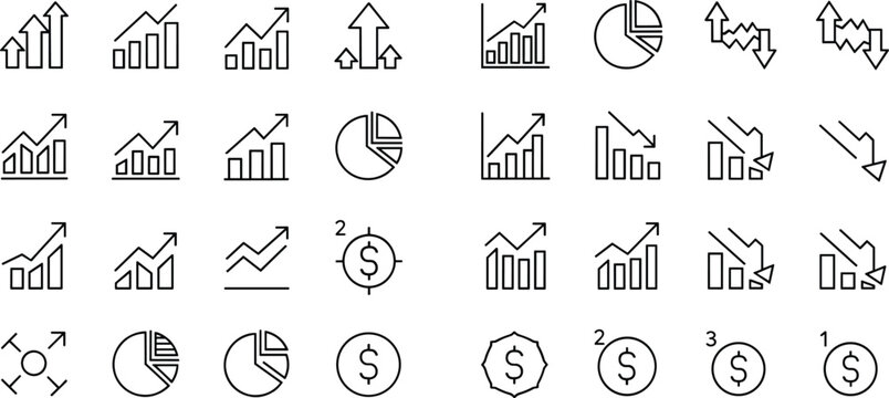 Business growth analytics icons set charts graphs finance symbols outline style vector collection isolated