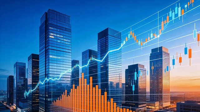 City skyline with financial charts