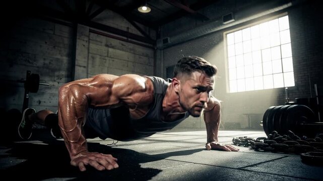 Muscular man doing push ups in gym with weights and chains in background