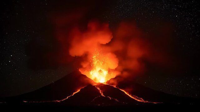 A volcano erupts at night, with molten lava flowing down and a starry sky above