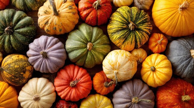 A Pumpkin Patch: An autumnal panorama of vibrant pumpkins in a medley of colors and shapes, heralding the harvest season and seasonal joy.