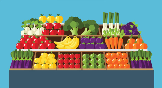 Colorful illustration of a vibrant fruit and vegetable stand