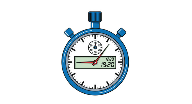 Classic blue stopwatch with a digital display and analog dial is shown on a white background representing time management.