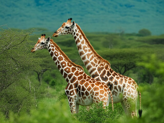 Obraz premium A photograph of two reticulated giraffes standing side by side in a lush African savanna setting .