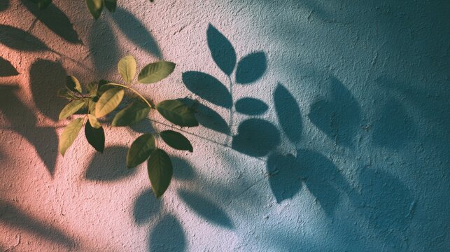 Shadowy Botanical Serenity: A delicate sprig of leaves casts an elegant silhouette and interplay of light and shadow, evoking a sense of tranquility and a fresh, harmonious atmosphere.