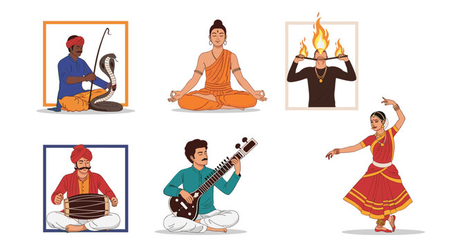 Diverse set of illustrations showcases traditional Indian cultural practices including yoga, sitar music, classical dance, and fire performing.