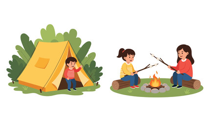Naklejka premium Group of children enjoys a camping trip with one boy in a tent and two girls roasting marshmallows over a cozy campfire.