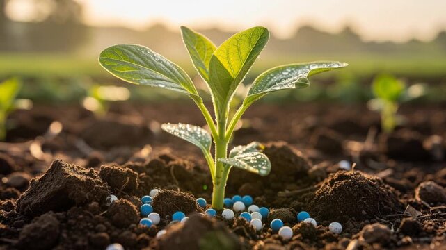 Close up of green plant seedling growing in fertile soil with fertilizer granules in farm field at sunrise