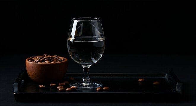  An elegant, short-stemmed crystal glass of clear Italian Grappa (pomace brandy) served neat, a small bowl of espresso beans nearby, set on a polished black wooden tray, subtle rim lighting creating a