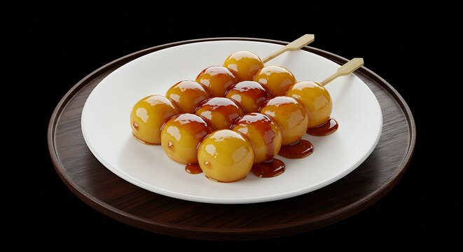 A round white porcelain plate holding a portion of glossy, golden-brown Japanese Dango (sweet rice dumplings on skewers), drizzled with a rich mitarashi (soy sauce glaze), set on a dark wooden chashak