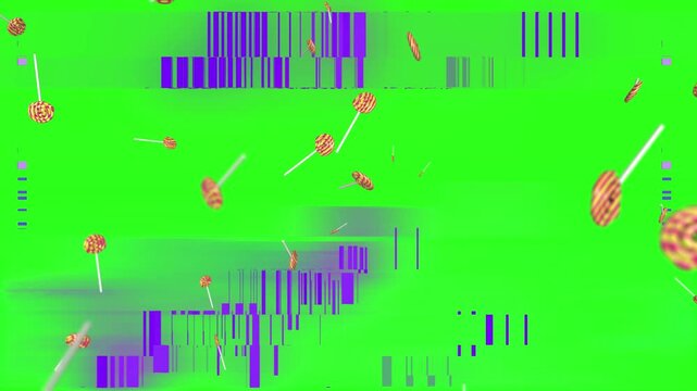 Swirling red and white lollipops animatedly falling through a digital glitch field on a vibrant green screen background footage.