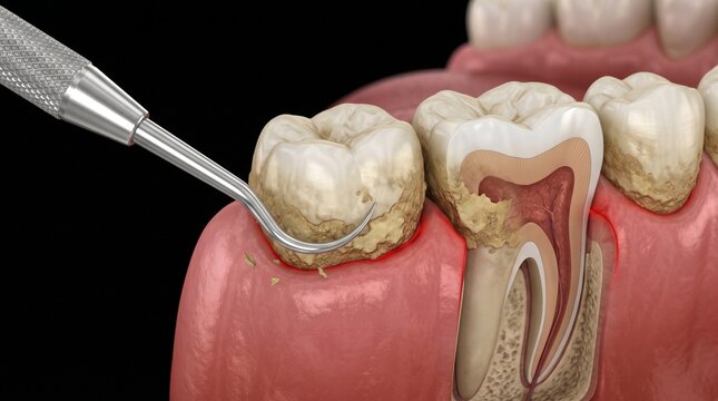 Ilustraci&oacute;n M&eacute;dica 3D de Limpieza Dental con Instrumento de Escalado en Enc&iacute;as