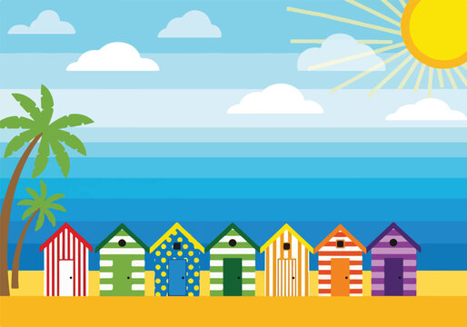 A beach scene with colorful beach huts, a palm tree, sun and clouds