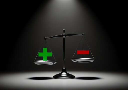 A balanced scale weighing a green plus sign against a red minus sign in a dramatic spotlight