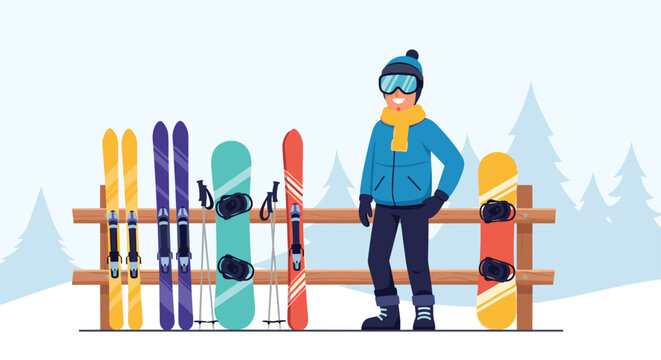 Smiling man in blue winter jacket standing near wooden rack with skis and snowboards in snowy mountain landscape background.