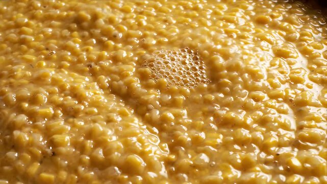 Close Up Shot Bubbling Glistening Yellow Mung Bean Sweet Porridge with Coconut Milk Fermented Global Food Process in