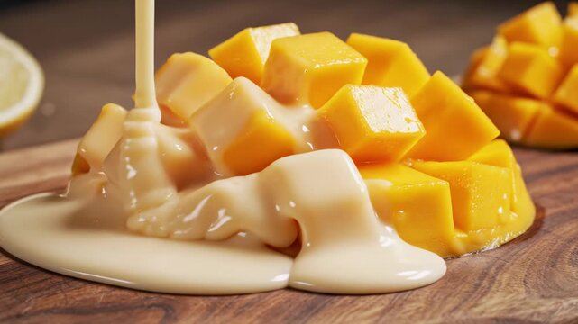 Mango Cubes Drizzled with Sweet Condensed Milk on a Rustic Wooden Board