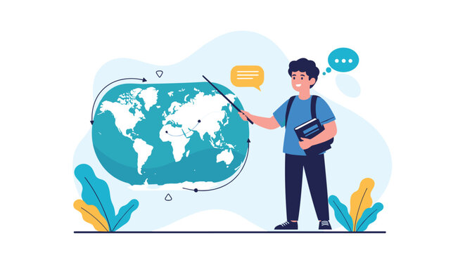 Enthusiastic student boy holding a textbook and pointing with a stick at a world map illustration on a light blue background.