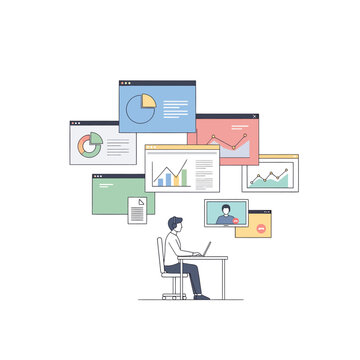 Man working on laptop surrounded by charts and graphs, analyzing data with video call
