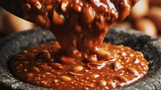 Peanut Sauce Slowly Pouring from Traditional Stone Mortar into a Bowl