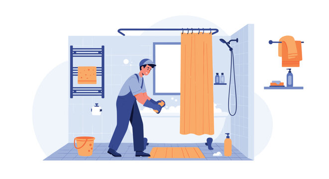 Professional cleaner in blue overalls cleaning a modern bathroom and bathtub to ensure high hygiene and sanitation standards.
