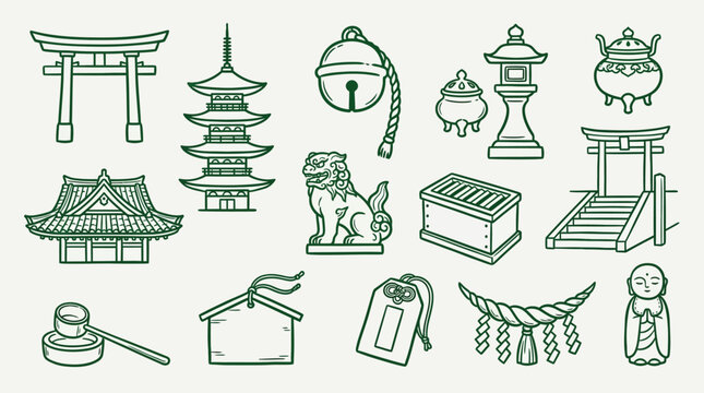 Collection of Japanese Shinto shrine elements and religious artifacts, including torii gates, pagodas, lanterns, and statues.
