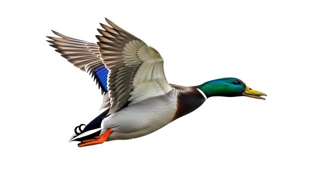 Mallard duck flying with wings spread, isolated on white background