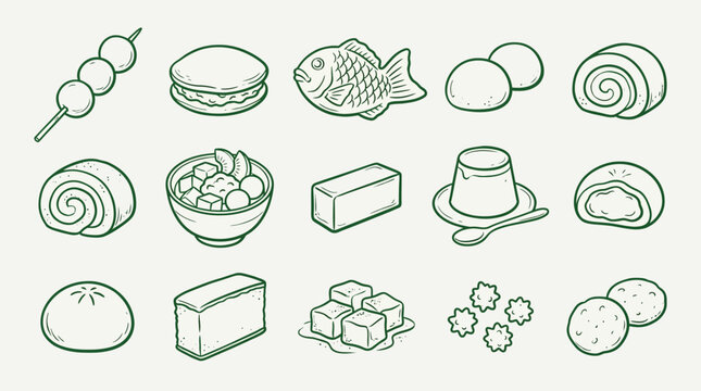 A charming hand-drawn illustration showcasing a delightful assortment of Japanese sweets and desserts, presented in a clean, minimalist style.