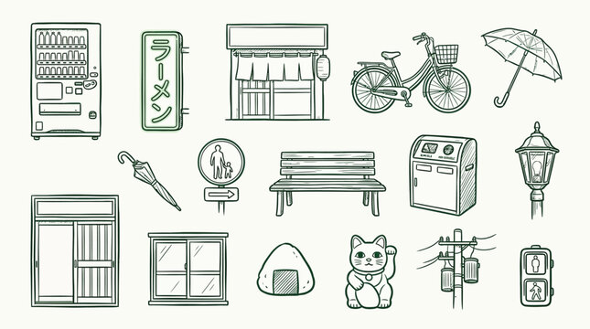 A collection of hand-drawn Japanese urban elements, including a vending machine, ramen shop sign, bicycle, and lucky cat.