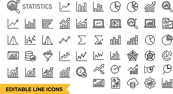 Statistics Icon Collection Featuring Bar Charts, Pie Charts, Graphs, Scatter Plots, and Analytical Symbols in Editable Line Vector Artwork
