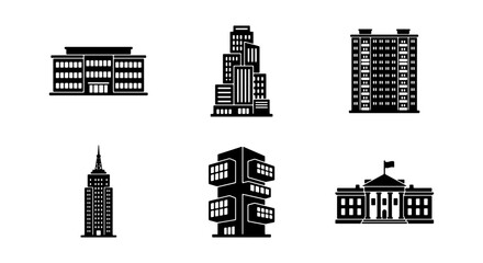 Fototapeta premium City Building and Skyscraper Silhouette Set - Minimalist Black Flat Vector Architecture Icons