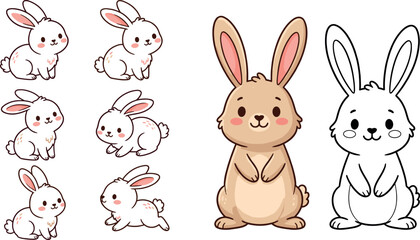 Rabbit Illustration Collection Featuring Cute Cartoon Rabbits in Different Poses with Colored and Outline Versions in Vector Artwork © Md